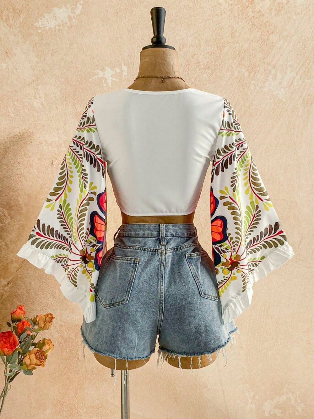 Multicolor Boho Women's Leopard Print Tie-Front Flare Sleeve Ruffle Cuff Blouse - Picture 5 of 6
